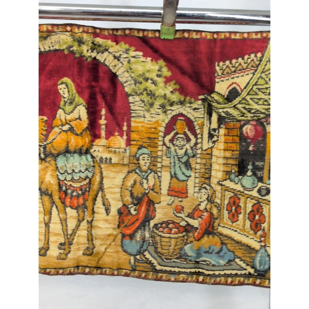 Vintage Italian Velvet Tapestry 41x19 Made In Italy Street Market Scene Camel